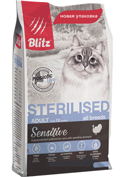 BLITZ  Sensitive STERILISED CATS корм для стерилизованных кошек с индейкой - фото 21777