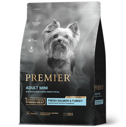 PREMIER ADULT Mini Salmon&Turkey Для взрослых собак мелких пород с нормальной активностью, чувствительной кожей и шерстью или склонных к аллергии, с лососем и индейкой - фото 43049