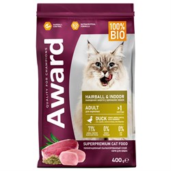 Сухой корм AWARD Hairball & Indoor для взрослых кошек для выведения шерсти с уткой и индейкой с добавлением зеленой чечевицы и Юкки Шидигера - фото 46843