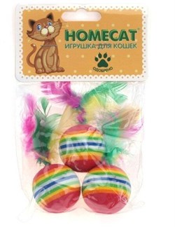 HOMECAT 3 шт Ф 3,5 см игрушка для кошек мячи радужные с пером - фото 58021