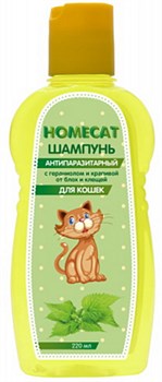 HOMECAT 220 мл шампунь для кошек антипаразитарный от блох и клещей с гераниолом и крапивой - фото 58083