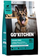 GO'KITCHEN 4 вида мяса: курица, индейка, лосось и утка, полнорационный беззерновой сухой корм для взрослых собак всех пород с курицей, индейкой, лососем и уткой